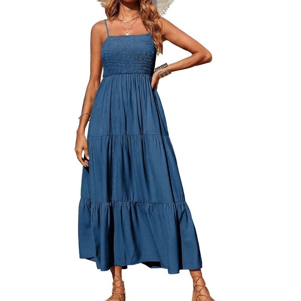 Blue Ruffle Layered Long Maxi Dress Smocked Tiered L
